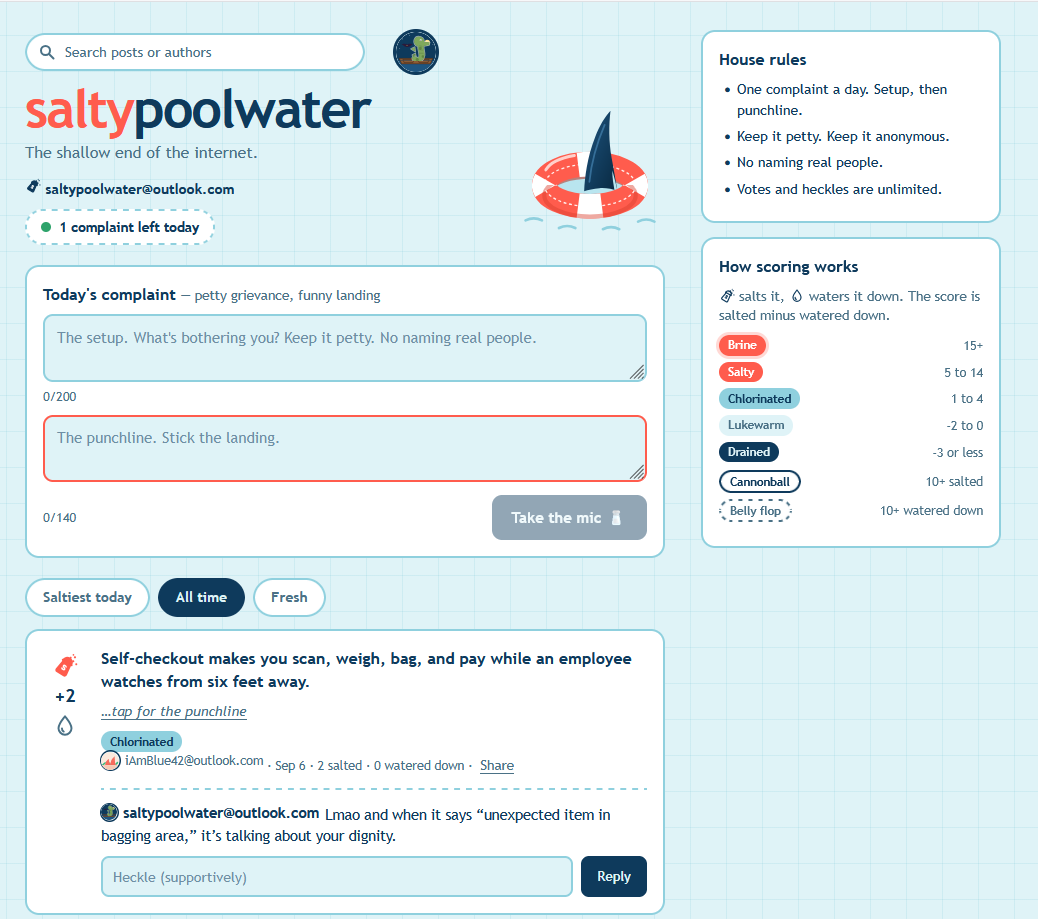 The saltypoolwater.com feed showing complaints with hidden punchlines and vote counts
